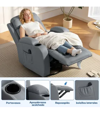 Sillón de Masaje Giratorio Sillón Relax Reclinable con 8 Puntos de Masaje Función de Calefacción 82x99x103 cm Gris