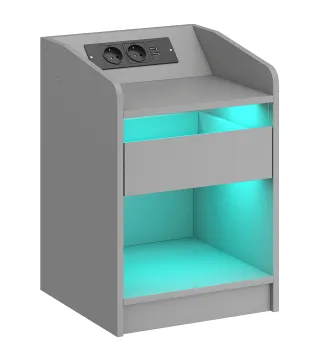 Mesita de Noche con Estación de Carga Luz LED RGB Cajón Estante Abierto Puertos USB y Control Remoto 40x40x58 Cm Gris
