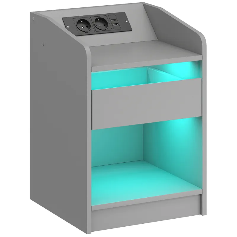 Mesita de Noche con Estación de Carga Luz LED RGB Cajón Estante Abierto Puertos USB y Control Remoto 40x40x58 Cm Gris