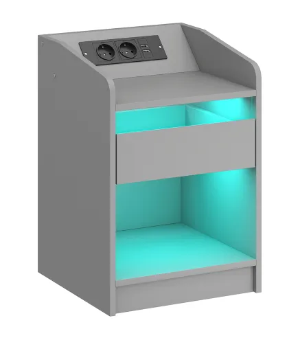 Mesita de Noche con Estación de Carga Luz LED RGB Cajón Estante Abierto Puertos USB y Control Remoto 40x40x58 Cm Gris