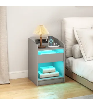 Mesita de Noche con Estación de Carga Luz LED RGB Cajón Estante Abierto Puertos USB y Control Remoto 40x40x58 Cm Gris
