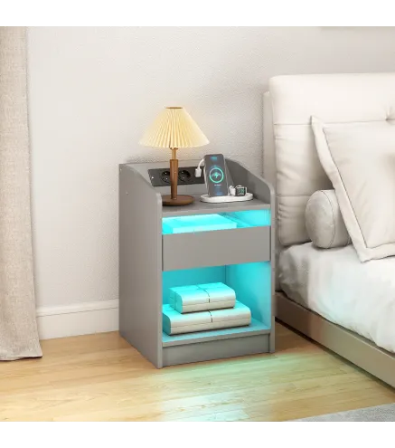 Mesita de Noche con Estación de Carga Luz LED RGB Cajón Estante Abierto Puertos USB y Control Remoto 40x40x58 Cm Gris