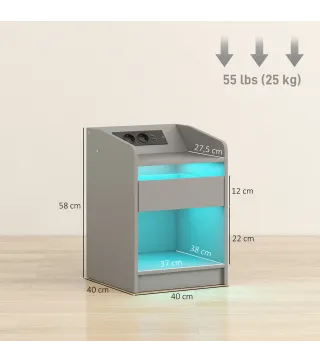 Mesita de Noche con Estación de Carga Luz LED RGB Cajón Estante Abierto Puertos USB y Control Remoto 40x40x58 Cm Gris