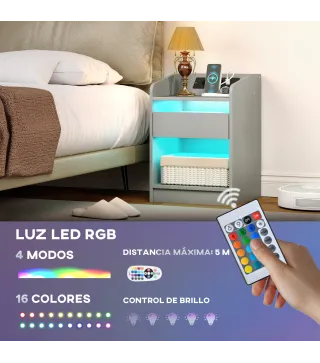 Mesita de Noche con Estación de Carga Luz LED RGB Cajón Estante Abierto Puertos USB y Control Remoto 40x40x58 Cm Gris