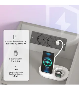 Mesita de Noche con Estación de Carga Luz LED RGB Cajón Estante Abierto Puertos USB y Control Remoto 40x40x58 Cm Gris