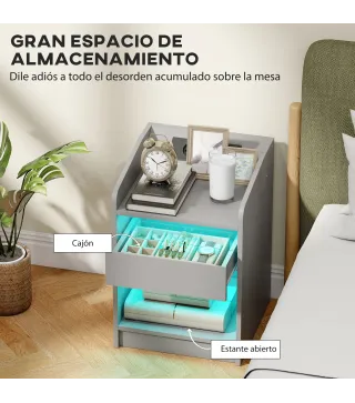 Mesita de Noche con Estación de Carga Luz LED RGB Cajón Estante Abierto Puertos USB y Control Remoto 40x40x58 Cm Gris