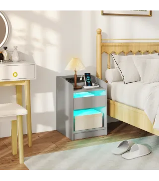 Mesita de Noche con Estación de Carga Luz LED RGB Cajón Estante Abierto Puertos USB y Control Remoto 40x40x58 Cm Gris