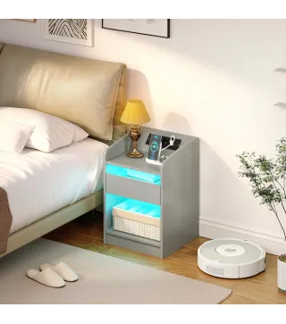 Mesita de Noche con Estación de Carga Luz LED RGB Cajón Estante Abierto Puertos USB y Control Remoto 40x40x58 Cm Gris