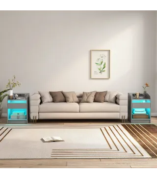 Mesita de Noche con Estación de Carga Luz LED RGB Cajón Estante Abierto Puertos USB y Control Remoto 40x40x58 Cm Gris