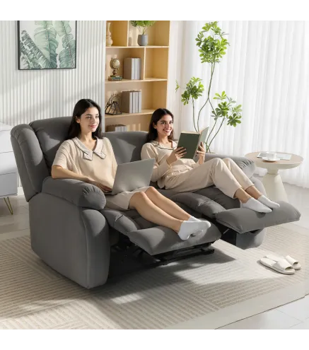 Sillón de 2 Plazas Relax Reclinable Manual Sillón Relax Tapizado en Terciopelo Reposapiés Ajustable Asiento Amplio Gris