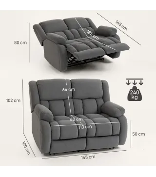 Sillón de 2 Plazas Relax Reclinable Manual Sillón Relax Tapizado en Terciopelo Reposapiés Ajustable Asiento Amplio Gris