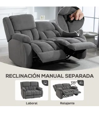 Sillón de 2 Plazas Relax Reclinable Manual Sillón Relax Tapizado en Terciopelo Reposapiés Ajustable Asiento Amplio Gris