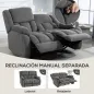 Sillón de 2 Plazas Relax Reclinable Manual Sillón Relax Tapizado en Terciopelo Reposapiés Ajustable Asiento Amplio Gris