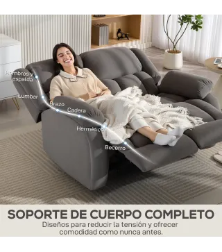 Sillón de 2 Plazas Relax Reclinable Manual Sillón Relax Tapizado en Terciopelo Reposapiés Ajustable Asiento Amplio Gris