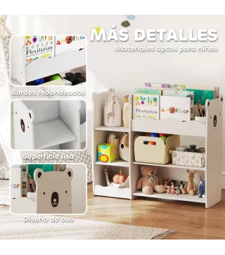 Estantería Infantil para Juguetes Estantes Abiertos Compartimentos Diseño de Ositos Organizador de Juguetes Blanco