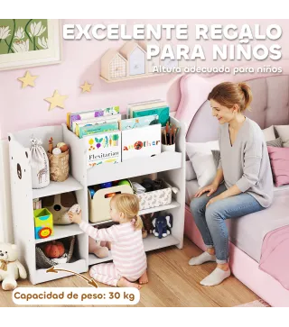 Estantería Infantil para Juguetes Estantes Abiertos Compartimentos Diseño de Ositos Organizador de Juguetes Blanco