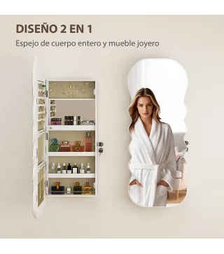 Espejo Joyero con Luz LED Montado en la Pared o en la Puerta con Cerradura Espejo Entero Blanco