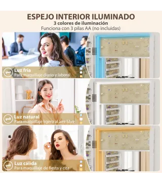 Espejo Joyero con Luz LED Montado en la Pared o en la Puerta con Cerradura Espejo Entero Blanco