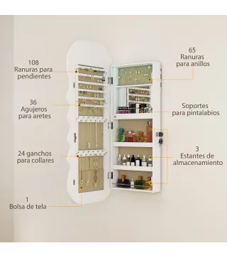 Espejo Joyero con Luz LED Montado en la Pared o en la Puerta con Cerradura Espejo Entero Blanco