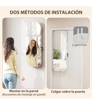 Espejo Joyero con Luz LED Montado en la Pared o en la Puerta con Cerradura Espejo Entero Blanco