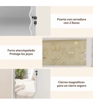 Espejo Joyero con Luz LED Montado en la Pared o en la Puerta con Cerradura Espejo Entero Blanco