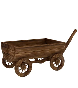 Carrito de Madera con 4 Ruedas y Mango Jardinera Exterior con Orificio de Drenaje 115x40x54,5 cm Carbonizado