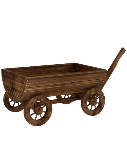 Carrito de Madera con 4 Ruedas y Mango Jardinera Exterior con Orificio de Drenaje 115x40x54,5 cm Carbonizado