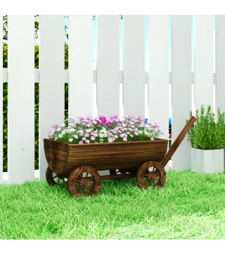 Carrito de Madera con 4 Ruedas y Mango Jardinera Exterior con Orificio de Drenaje 115x40x54,5 cm Carbonizado