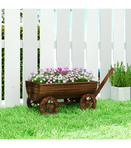 Carrito de Madera con 4 Ruedas y Mango Jardinera Exterior con Orificio de Drenaje 115x40x54,5 cm Carbonizado
