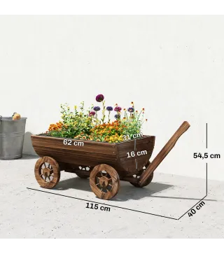 Carrito de Madera con 4 Ruedas y Mango Jardinera Exterior con Orificio de Drenaje 115x40x54,5 cm Carbonizado