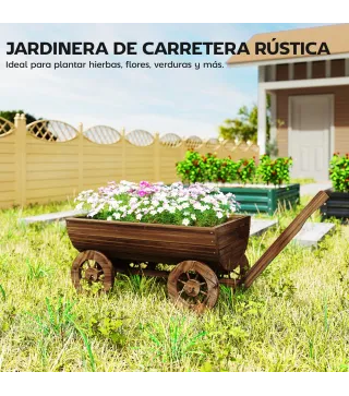 Carrito de Madera con 4 Ruedas y Mango Jardinera Exterior con Orificio de Drenaje 115x40x54,5 cm Carbonizado