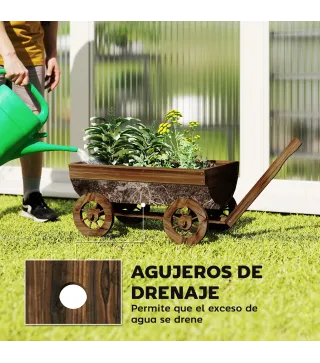 Carrito de Madera con 4 Ruedas y Mango Jardinera Exterior con Orificio de Drenaje 115x40x54,5 cm Carbonizado