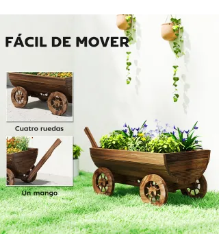 Carrito de Madera con 4 Ruedas y Mango Jardinera Exterior con Orificio de Drenaje 115x40x54,5 cm Carbonizado