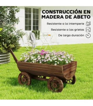Carrito de Madera con 4 Ruedas y Mango Jardinera Exterior con Orificio de Drenaje 115x40x54,5 cm Carbonizado