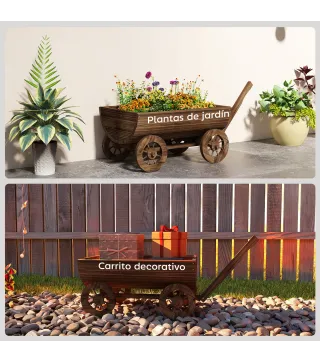 Carrito de Madera con 4 Ruedas y Mango Jardinera Exterior con Orificio de Drenaje 115x40x54,5 cm Carbonizado