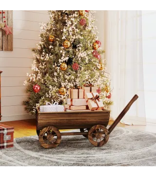 Carrito de Madera con 4 Ruedas y Mango Jardinera Exterior con Orificio de Drenaje 115x40x54,5 cm Carbonizado