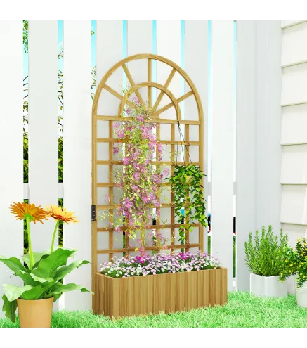 Jardinera con Enrejado de Madera con Drenaje para Cultivos Verduras Flores Hierbas 90x30x180 cm Natural