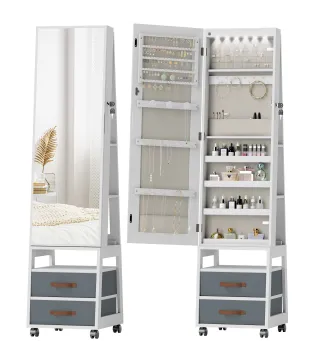 Espejo Joyero con Luces LED Interior Ruedas Giratorio de 360° Estantes Abiertos Cajones de Tela Blanco