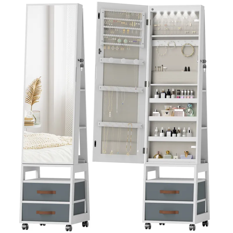 Espejo Joyero con Luces LED Interior Ruedas Giratorio de 360° Estantes Abiertos Cajones de Tela Blanco