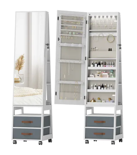 Espejo Joyero con Luces LED Interior Ruedas Giratorio de 360° Estantes Abiertos Cajones de Tela Blanco