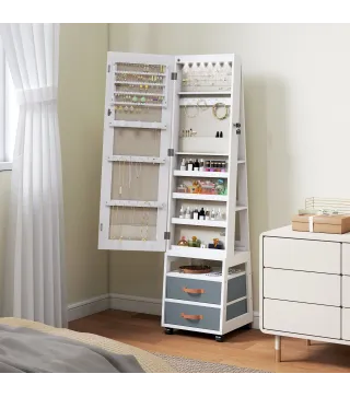 Espejo Joyero con Luces LED Interior Ruedas Giratorio de 360° Estantes Abiertos Cajones de Tela Blanco