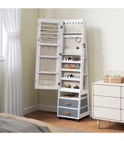 Espejo Joyero con Luces LED Interior Ruedas Giratorio de 360° Estantes Abiertos Cajones de Tela Blanco