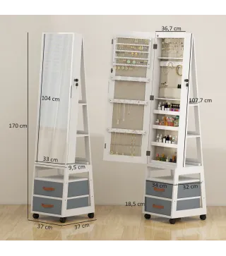 Espejo Joyero con Luces LED Interior Ruedas Giratorio de 360° Estantes Abiertos Cajones de Tela Blanco