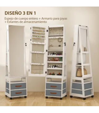 Espejo Joyero con Luces LED Interior Ruedas Giratorio de 360° Estantes Abiertos Cajones de Tela Blanco