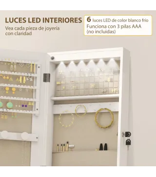 Espejo Joyero con Luces LED Interior Ruedas Giratorio de 360° Estantes Abiertos Cajones de Tela Blanco