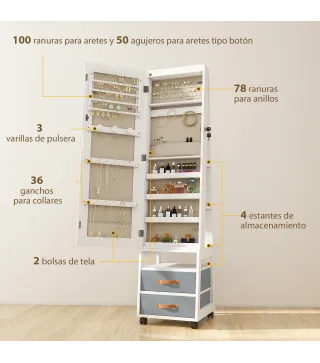 Espejo Joyero con Luces LED Interior Ruedas Giratorio de 360° Estantes Abiertos Cajones de Tela Blanco