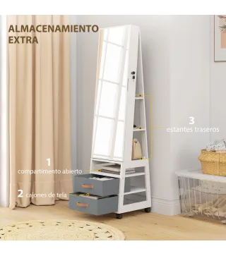 Espejo Joyero con Luces LED Interior Ruedas Giratorio de 360° Estantes Abiertos Cajones de Tela Blanco