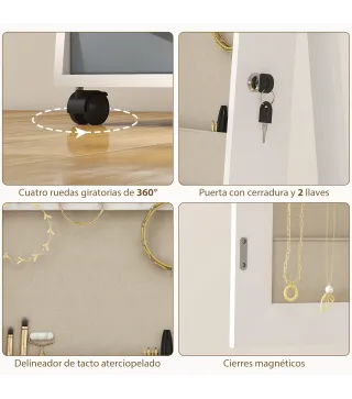 Espejo Joyero con Luces LED Interior Ruedas Giratorio de 360° Estantes Abiertos Cajones de Tela Blanco