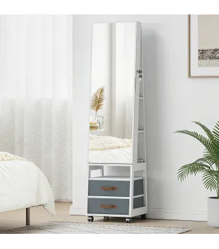 Espejo Joyero con Luces LED Interior Ruedas Giratorio de 360° Estantes Abiertos Cajones de Tela Blanco