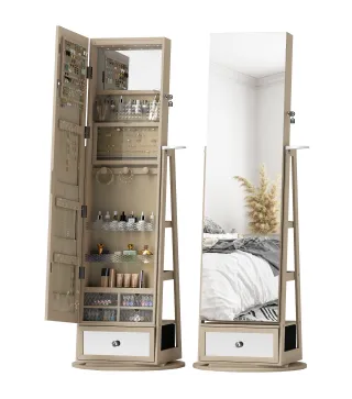 Espejo Joyero con Luces LED Armario Joyero con Espejo Entero Giratorio de 360° Cajón Cerradura Natural